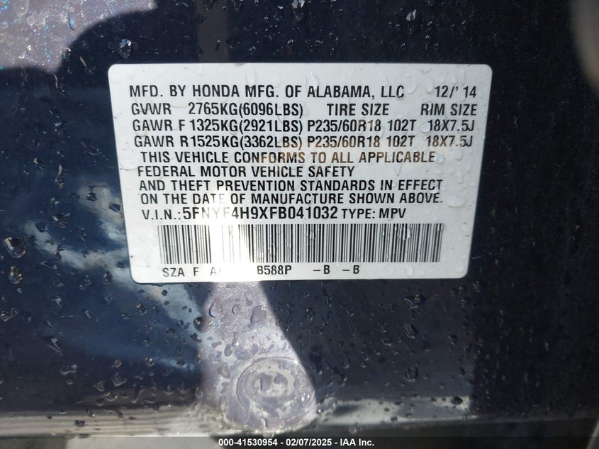 2015 HONDA PILOT TOURING - 5FNYF4H9XFB041032