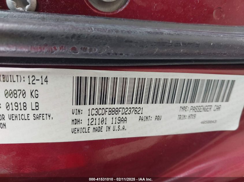 2015 Dodge Dart Sxt VIN: 1C3CDFBB8FD237621 Lot: 41531010