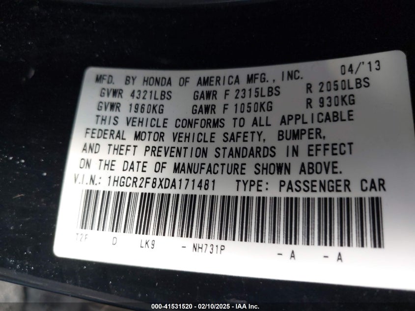 2013 HONDA ACCORD VIN: 1HGCR2F8XDA171481