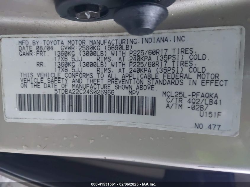 2004 Toyota Sienna Xle VIN: 5TDBA22C24S026966 Lot: 41531561