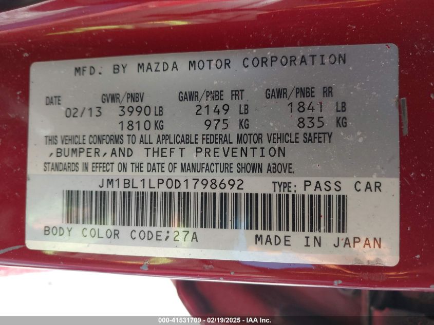 2013 Mazda Mazda3 I Touring VIN: JM1BL1LP0D1798692 Lot: 41531709