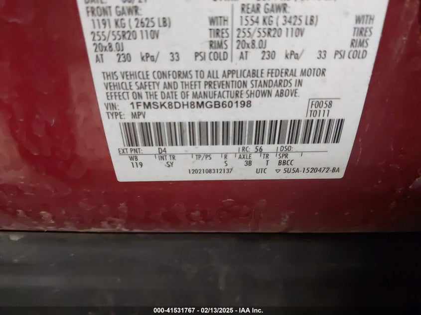 2021 FORD EXPLORER VIN: 1FMSK8DH8MGB60198