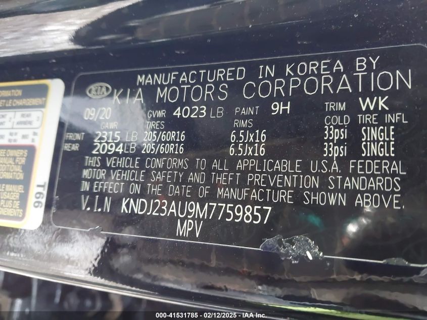 2021 Kia Soul Lx VIN: KNDJ23AU9M7759857 Lot: 41531785