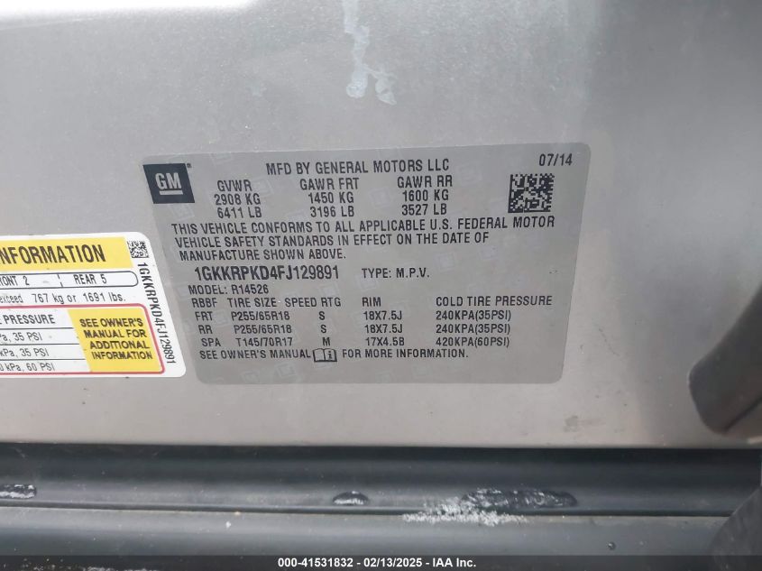 2015 GMC Acadia Sle-2 VIN: 1GKKRPKD4FJ129891 Lot: 41531832