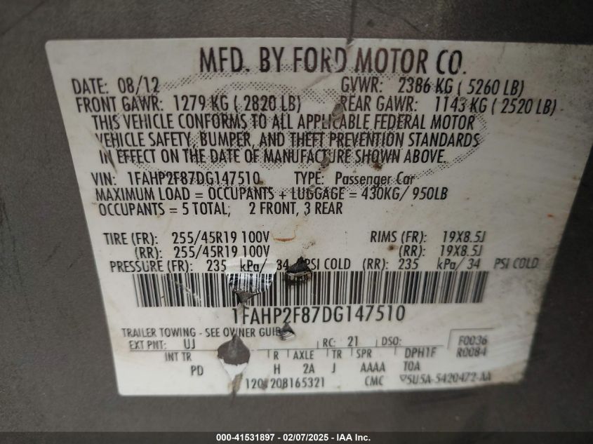 2013 FORD TAURUS LIMITED - 1FAHP2F87DG147510