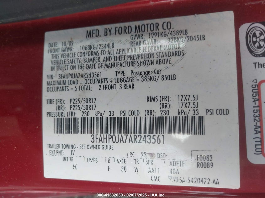 2010 FORD FUSION VIN: 3FAHP0JA7AR243561