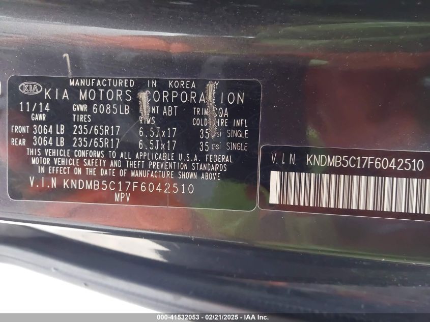 2015 Kia Sedona Lx VIN: KNDMB5C17F6042510 Lot: 41532053