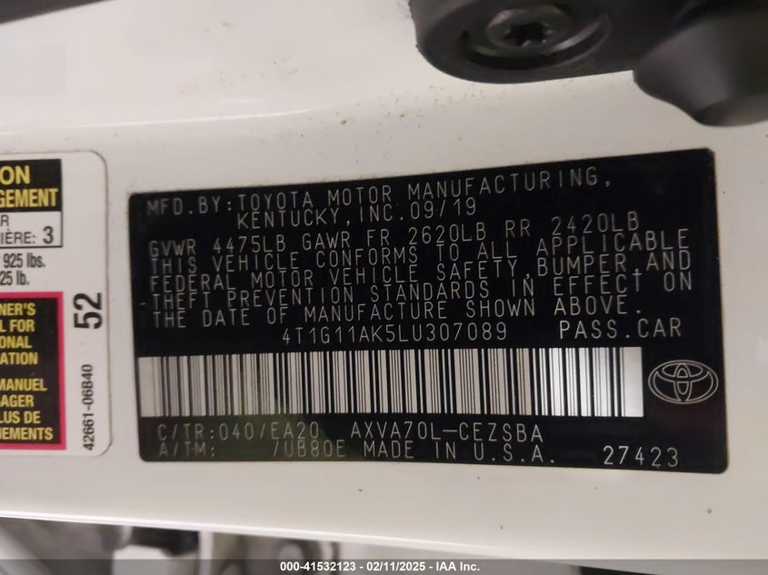 2020 TOYOTA CAMRY VIN: 4T1G11AK5LU307089