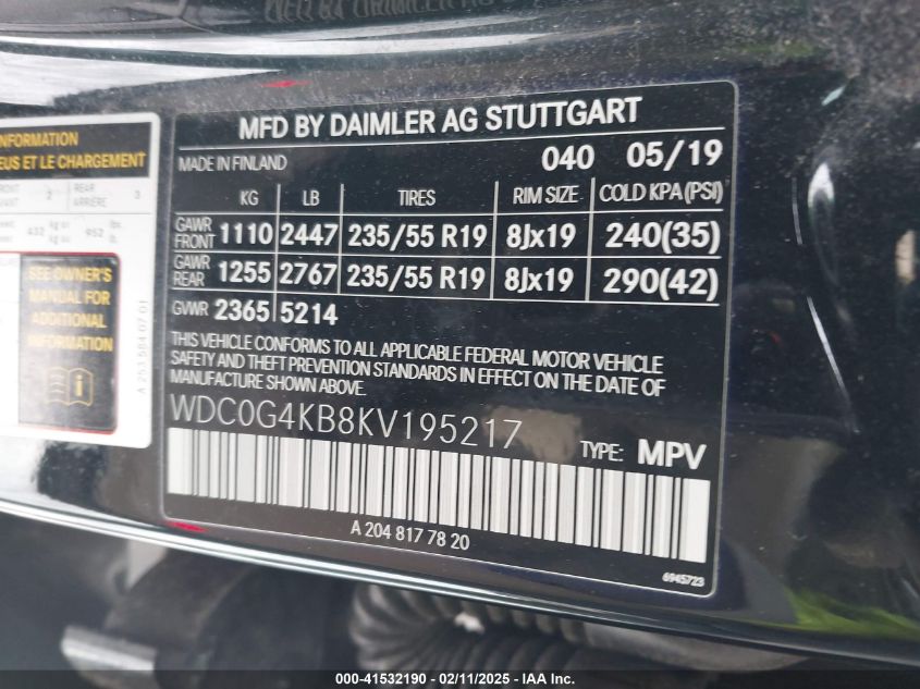 2019 Mercedes-Benz Glc 4Matic VIN: WDC0G4KB8KV19521 Lot: 41532190