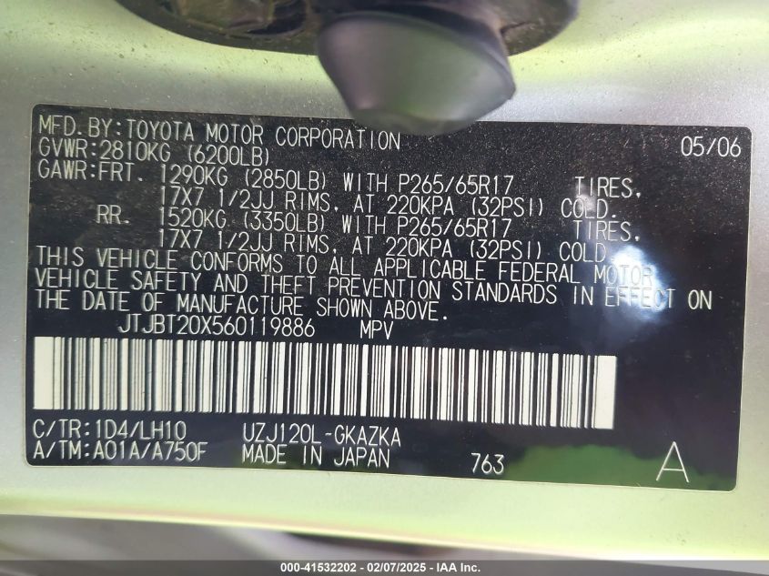 2006 Lexus Gx 470 VIN: JTJBT20X560119886 Lot: 41532202