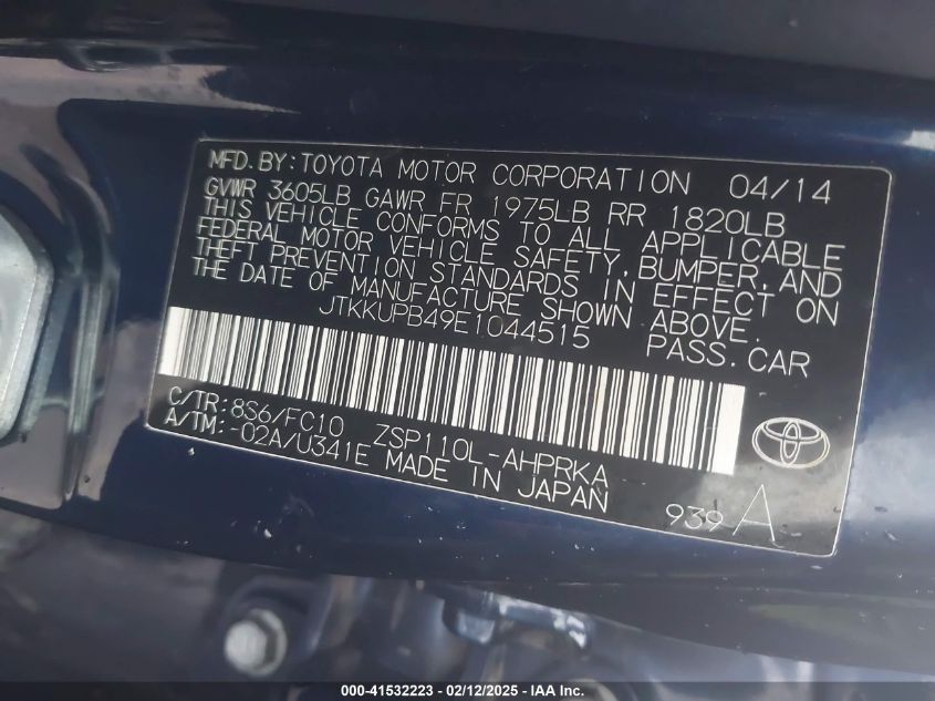 2014 Scion Xd VIN: JTKKUPB49E1044515 Lot: 41532223