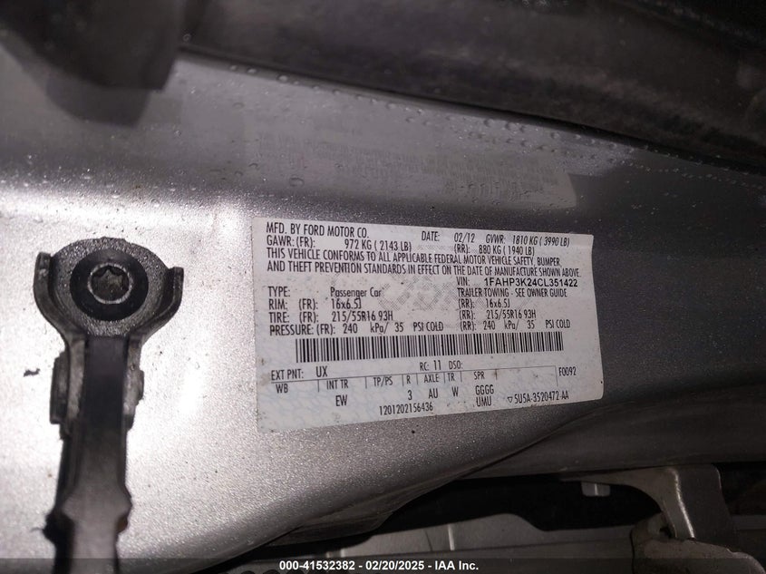 2012 FORD FOCUS VIN: 1FAHP3K24CL351422