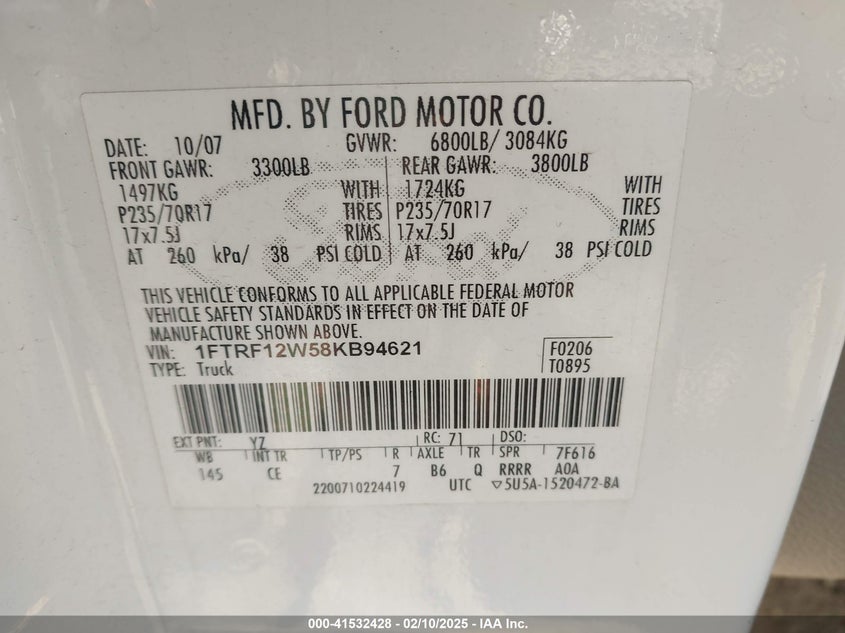 2008 FORD F-150 VIN: 1FTRF12W58KB94621