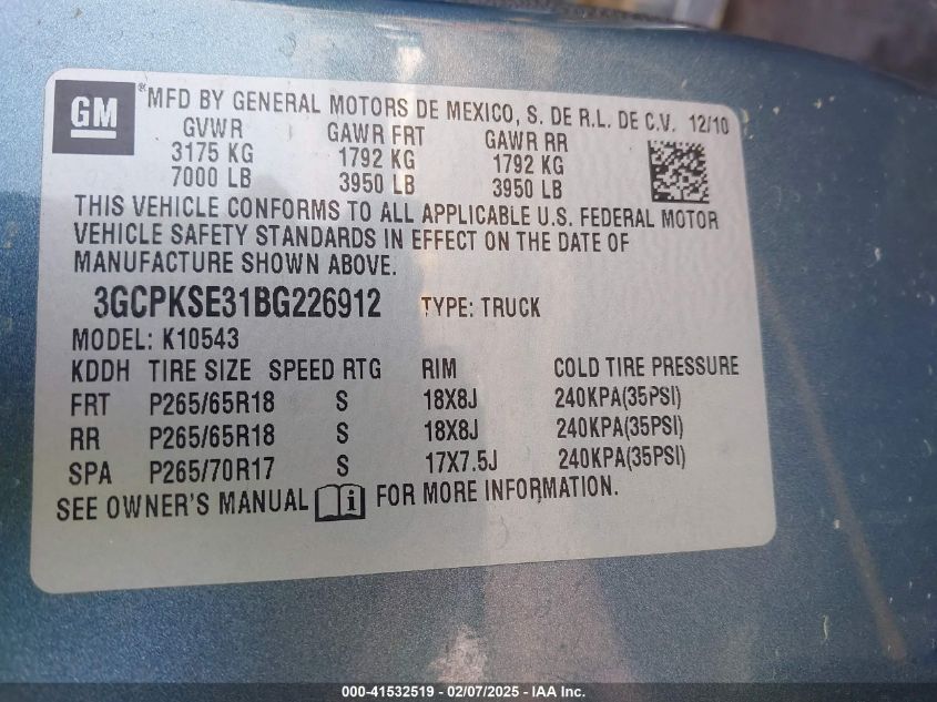 2011 Chevrolet Silverado 1500 Lt VIN: 3GCPKSE31BG226912 Lot: 41532519