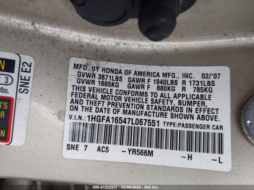 2007 Honda Civic Lx VIN: 1HGFA16547L067551 Lot: 41532537