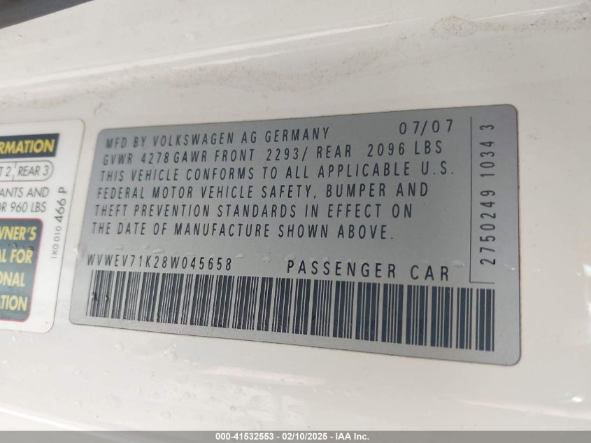 2008 Volkswagen Gti 2-Door VIN: WVWEV71K28W045658 Lot: 41532553
