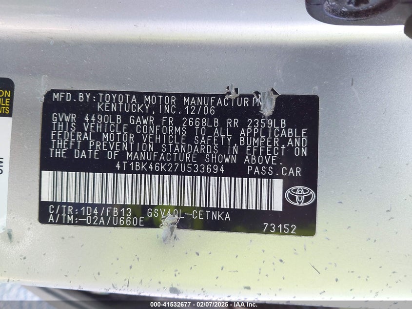 2007 TOYOTA CAMRY VIN: 4T1BK46K27U533694