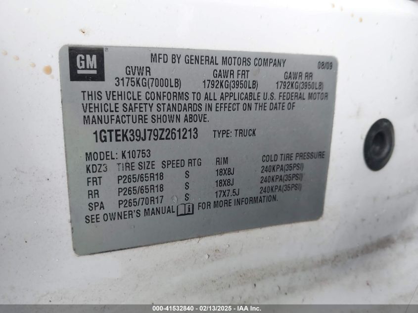 2009 GMC Sierra 1500 Slt VIN: 1GTEK39J79Z261213 Lot: 41532840