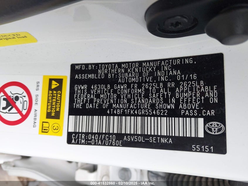 2016 TOYOTA CAMRY VIN: 4T4BF1FK4GR554622