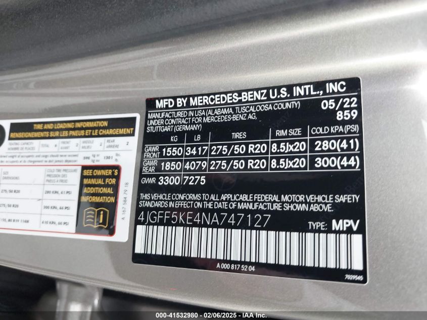 2022 Mercedes-Benz Gls 450 4Matic VIN: 4JGFF5KE4NA747127 Lot: 41532980