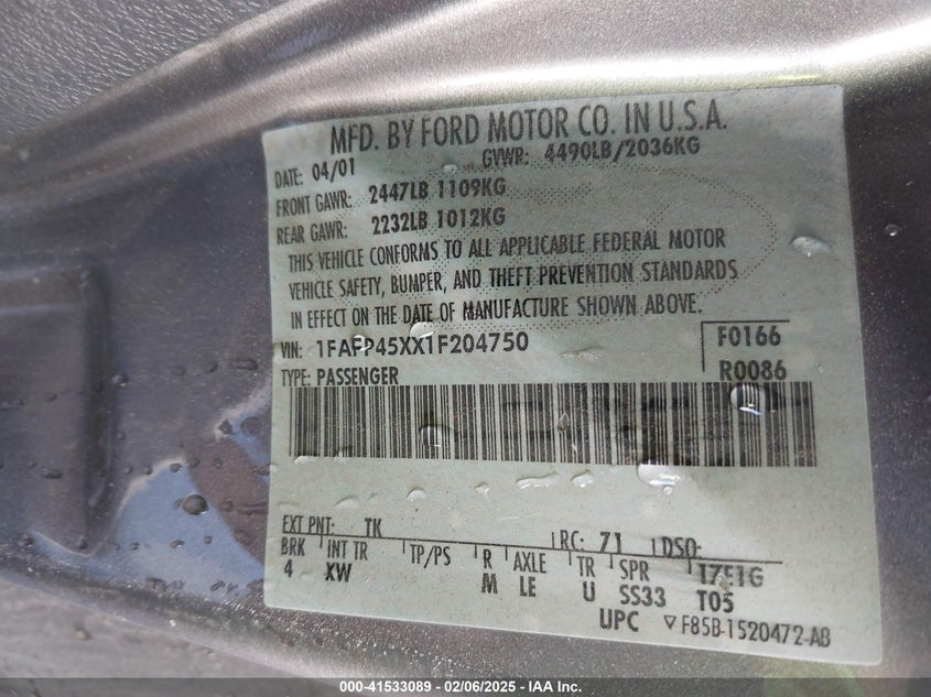 2001 Ford Mustang Gt VIN: 1FAFP45XX1F204750 Lot: 41533089