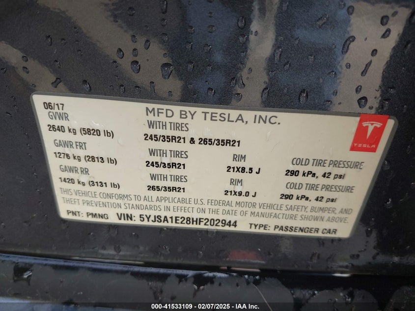 2017 TESLA MODEL S VIN: 5YJSA1E28HF202944