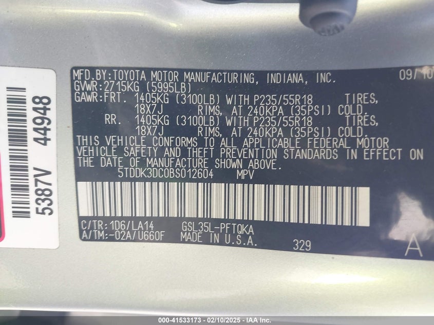 2011 TOYOTA SIENNA VIN: 5TDDK3DC0BS012604