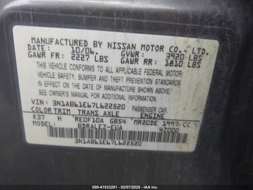 2007 Nissan Sentra 2.0S VIN: 3N1AB61E67L622520 Lot: 41533201