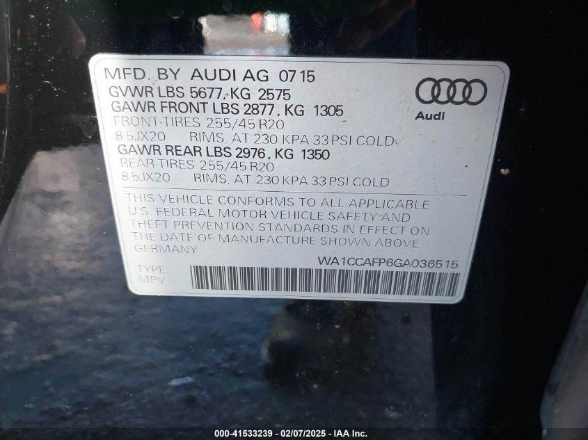 2016 Audi Sq5 3.0T Premium Plus VIN: WA1CCAFP6GA036515 Lot: 41533239