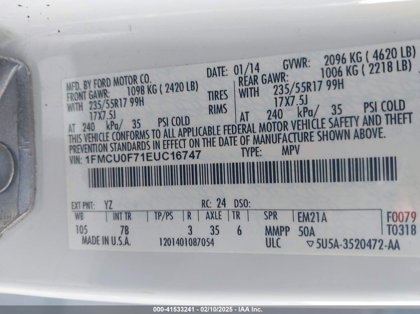 2014 FORD ESCAPE VIN: 1FMCU0F71EUC16747