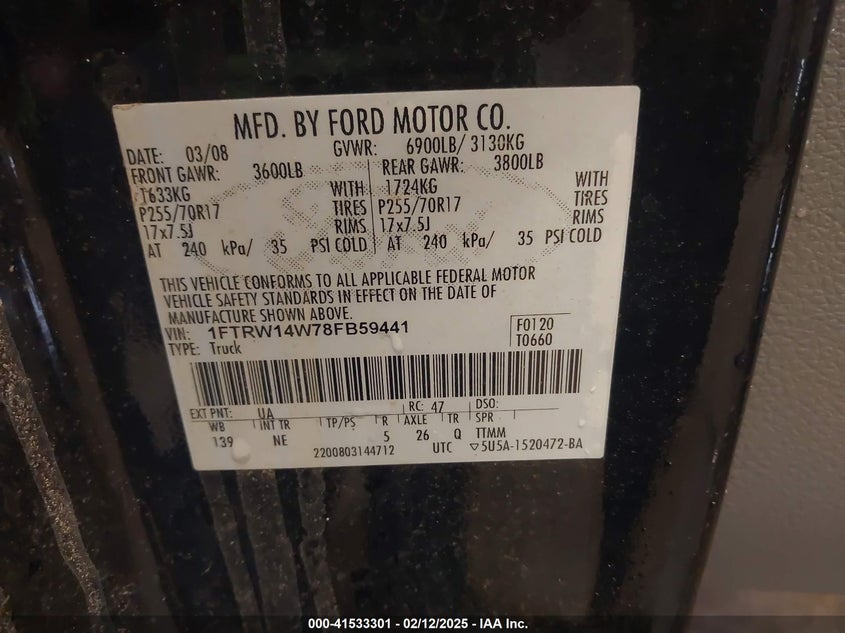 2008 FORD F-150 VIN: 1FTRW14W78FB59441