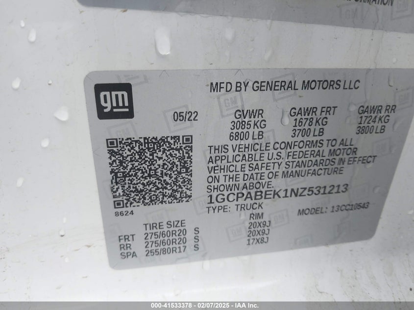 2022 CHEVROLET SILVERADO 1500 VIN: 1GCPABEK1NZ531213