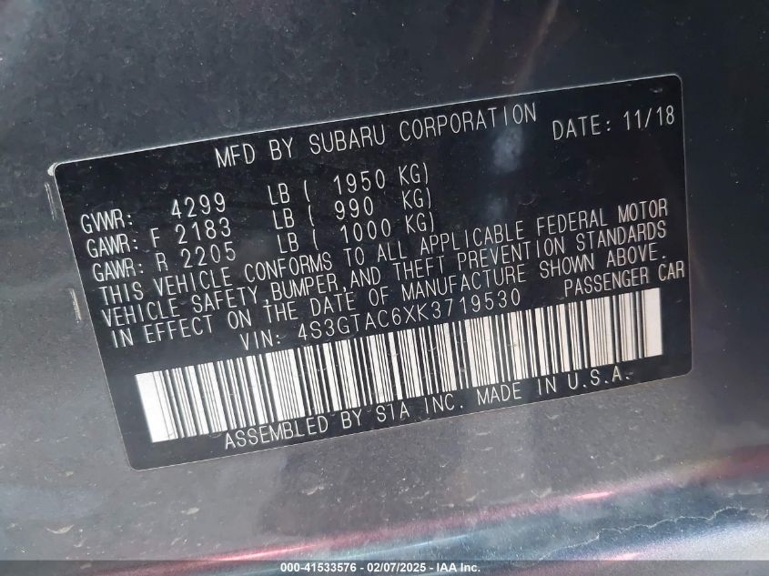 2019 Subaru Impreza 2.0I Premium VIN: 4S3GTAC6XK3719530 Lot: 41533576