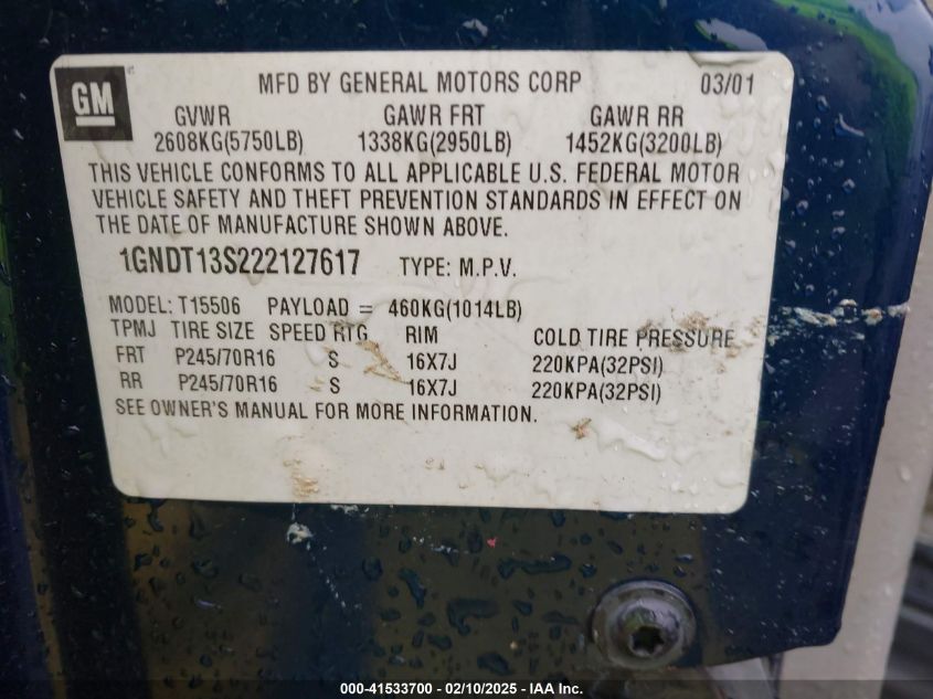 2002 Chevrolet Trailblazer Lt VIN: 1GNDT13S222127617 Lot: 41533700