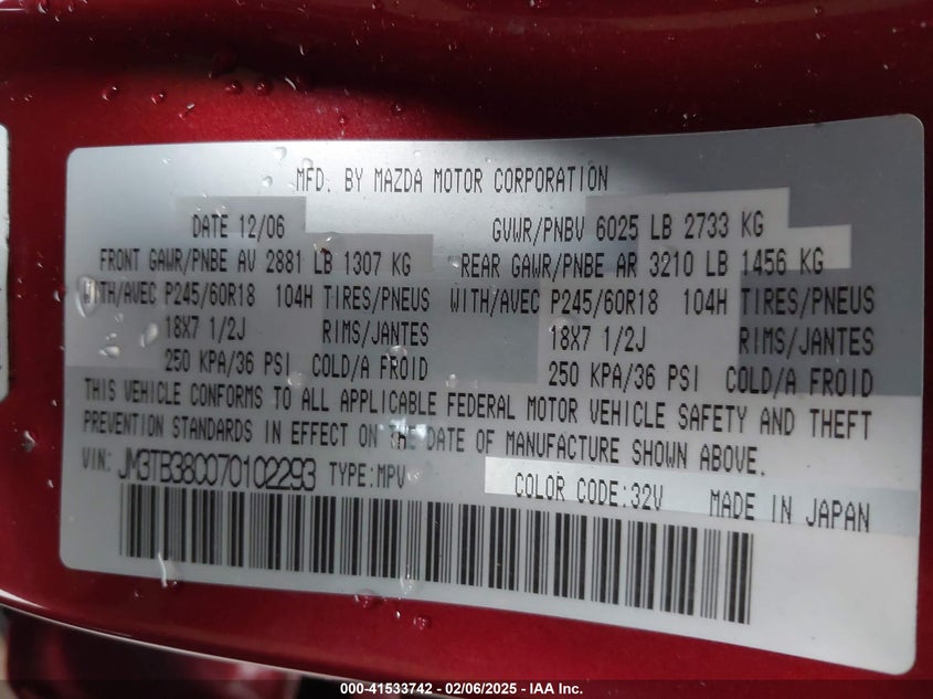 2007 Mazda Cx-9 Sport VIN: JM3TB38C070102293 Lot: 41533742