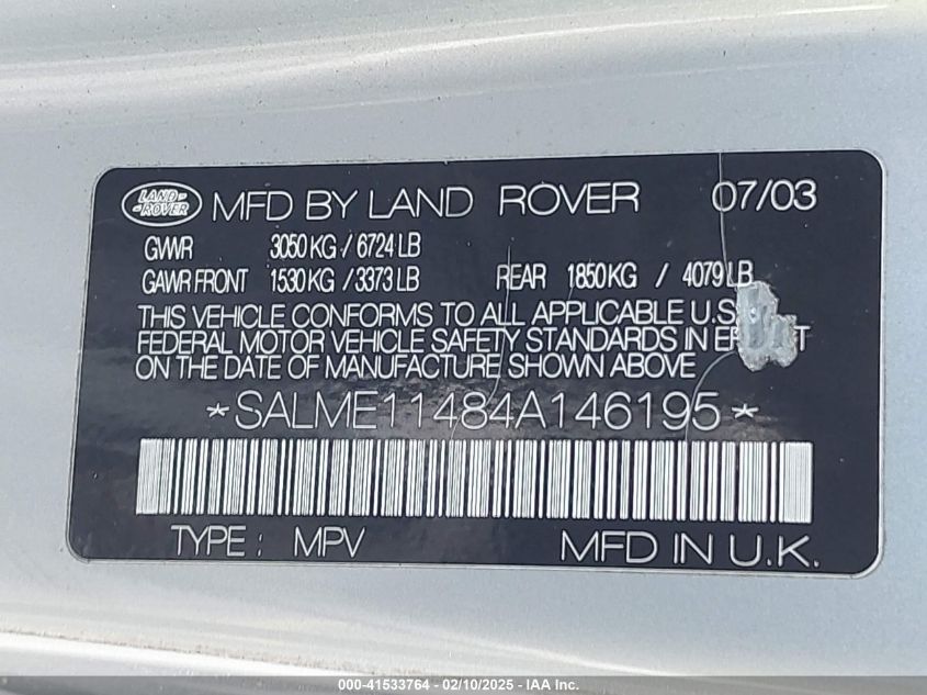 2004 Land Rover Range Rover Hse VIN: SALME11484A146195 Lot: 41533764