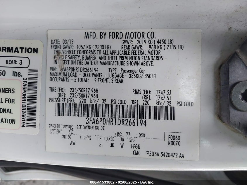 2013 FORD FUSION VIN: 3FA6P0HR1DR266194