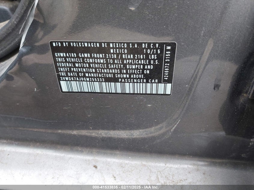 2016 VOLKSWAGEN JETTA VIN: 3VWD67AJ0GM255333