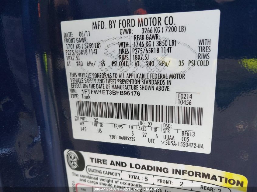 2011 Ford F-150 Xlt VIN: 1FTFW1ET3BFB96176 Lot: 41534071