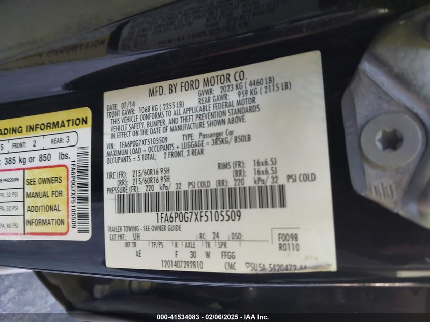 2015 FORD FUSION VIN: 1FA6P0G7XF5105509