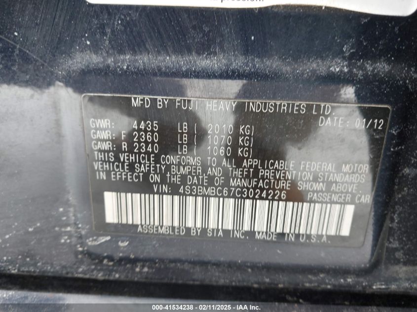 2012 Subaru Legacy 2.5I Premium VIN: 4S3BMBC67C3024226 Lot: 41534238