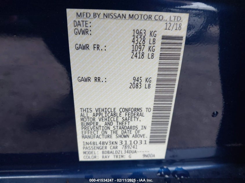 2019 NISSAN ALTIMA VIN: 1N4BL4BV3KN311031