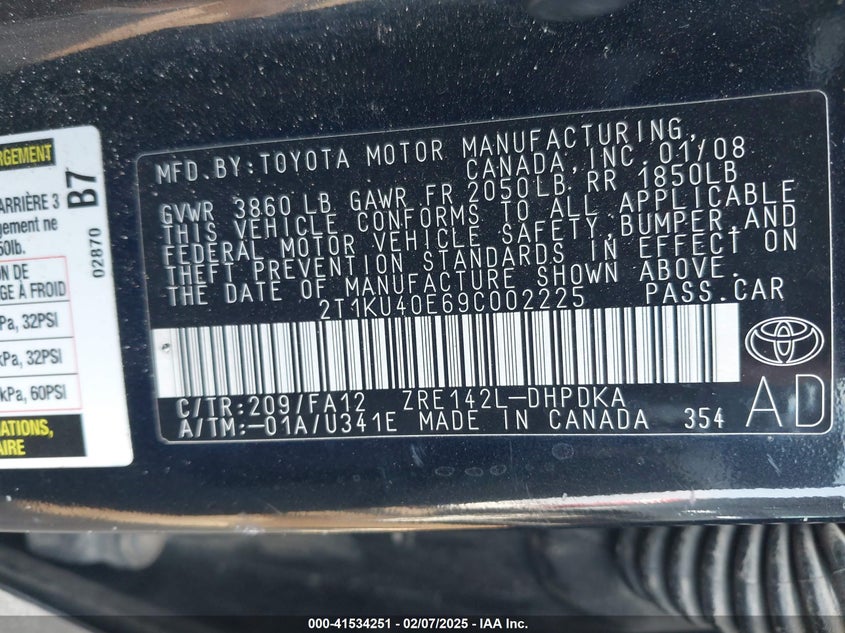 2009 TOYOTA MATRIX VIN: 2T1KU40E69C002225