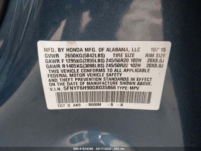 2016 Honda Pilot Touring VIN: 5FNYF6H90GB035866 Lot: 41534390