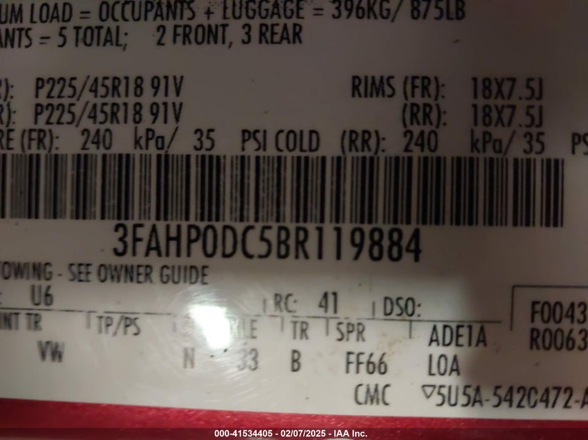 2011 FORD FUSION VIN: 3FAHP0DC5BR119884