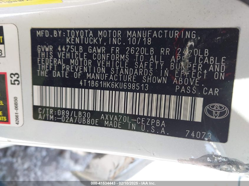 2019 Toyota Camry Xse VIN: 4T1B61HK6KU698513 Lot: 41534443