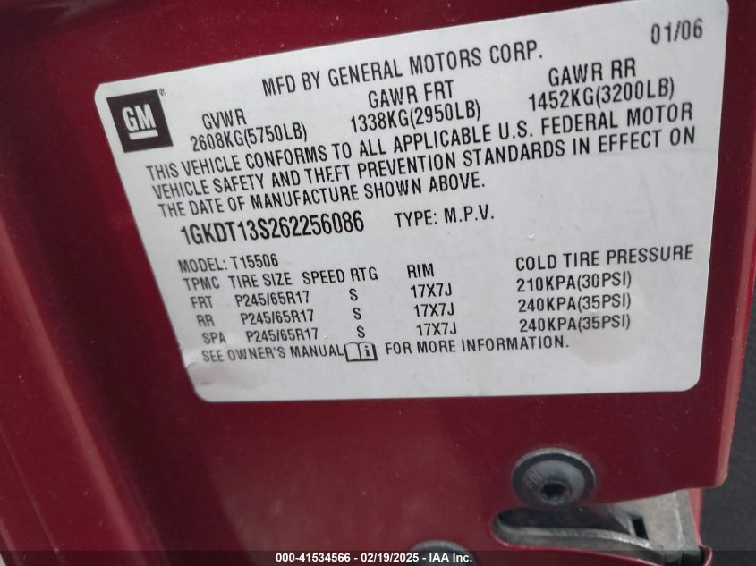 2006 GMC Envoy Slt VIN: 1GKDT13S262256086 Lot: 41534566