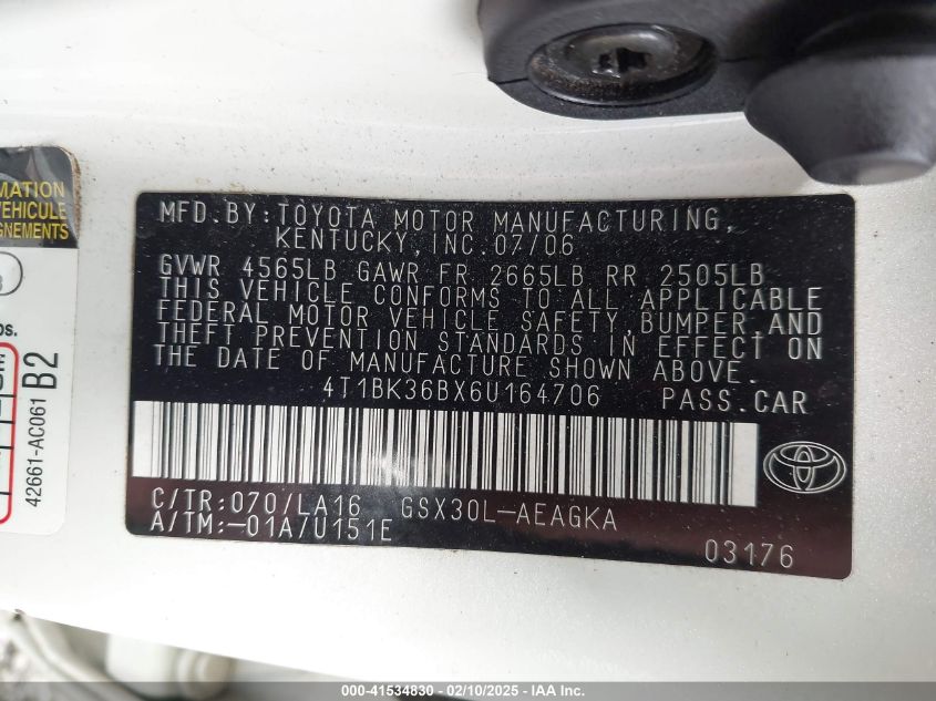 2006 Toyota Avalon Xls VIN: 4T1BK36BX6U164706 Lot: 41534830
