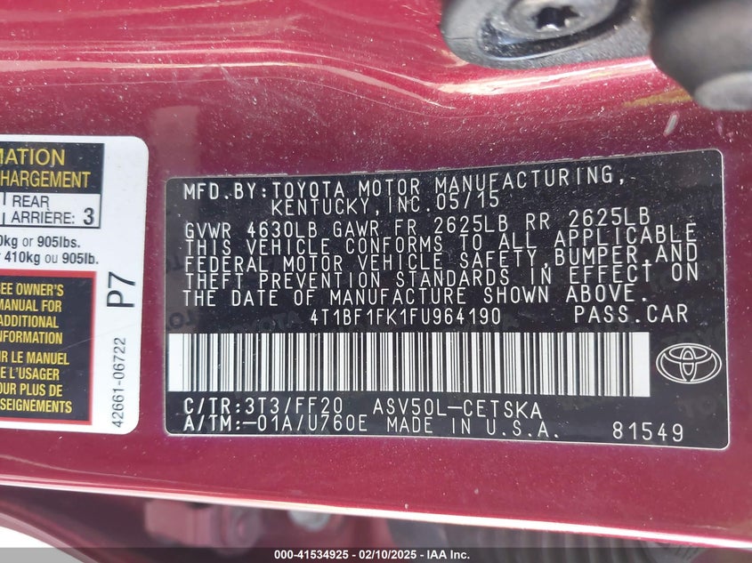 2015 TOYOTA CAMRY VIN: 4T1BF1FK1FU964190