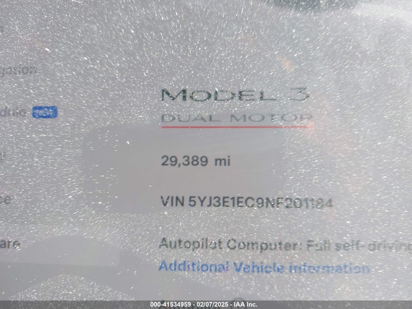 2022 TESLA MODEL 3 VIN: 5YJ3E1EC9NF201184